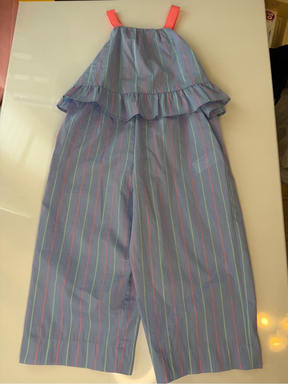 Zara Blue Striped Ruffle Jumpsuit with Neon Pink Straps